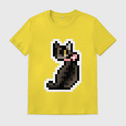 Футболка хлопковая мужская Милая пиксельная кошка с розовым ошейником, цвет: желтый
