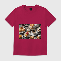 Футболка хлопковая мужская Кофе и пирожные, цвет: маджента