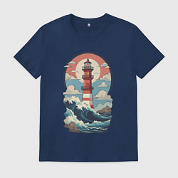 Футболка хлопковая мужская Маяк в море и волны, цвет: тёмно-синий