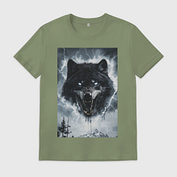 Футболка хлопковая мужская Волк с оскаленной пастью, цвет: авокадо