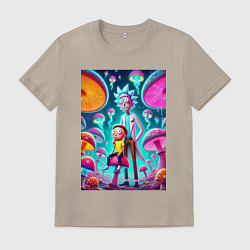 Футболка хлопковая мужская Морти сидит на грибе рядом с Риком, цвет: миндальный