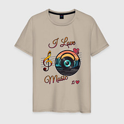 Футболка хлопковая мужская Я люблю музыку, цвет: миндальный