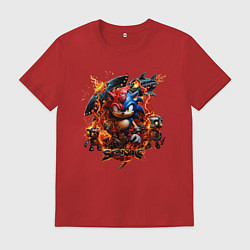 Футболка хлопковая мужская Соник и Наклз на фоне огненных роботов, цвет: красный