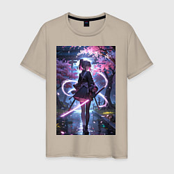 Мужская футболка Девушка с катаной на фоне цветущей сакуры