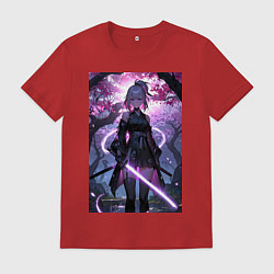 Мужская футболка Девушка с катаной на фоне цветущей сакуры