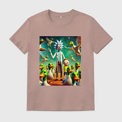 Футболка хлопковая мужская Рик и Морти среди уток - нейроарт, цвет: пыльно-розовый