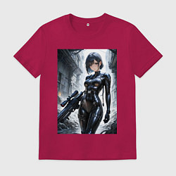 Мужская футболка Девушка в кожаном костюме со снайперской винтовкой