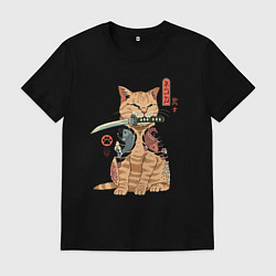 Футболка хлопковая мужская Кот самурай Якудза, цвет: черный