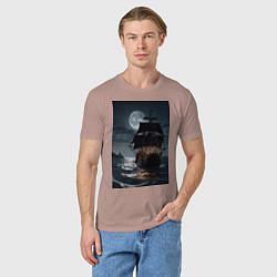 Футболка хлопковая мужская Пиратский корабль в шторм, цвет: пыльно-розовый — фото 2