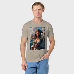 Футболка хлопковая мужская Пиратка на фона флотилии кораблей, цвет: миндальный — фото 2