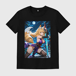 Мужская футболка Лисица с катаной на фоне полной Луны