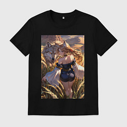 Мужская футболка Девушка-волчица посреди поля пшеницы