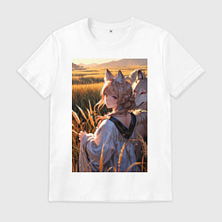 Мужская футболка Девушка-волчица посреди поля пшеницы