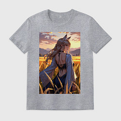 Мужская футболка Девушка-волчица посреди поля пшеницы