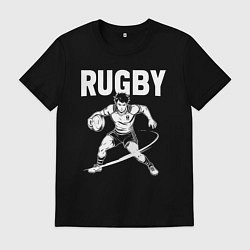 Футболка хлопковая мужская Регби мощный прыжок с мячом, цвет: черный