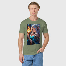 Футболка хлопковая мужская Прекрасная эльфийка-маг с шаром огня, цвет: авокадо — фото 2