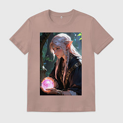 Футболка хлопковая мужская Серьёзная эльфийка с магической сферой, цвет: пыльно-розовый