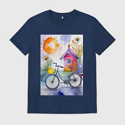 Мужская футболка Утенок на велосипеде - акварель