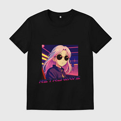 Футболка хлопковая мужская Ретровейв аниме девушка, цвет: черный