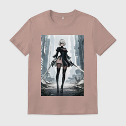 Футболка хлопковая мужская Девушка-андроид с катанами посреди руин, цвет: пыльно-розовый