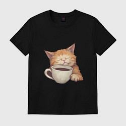 Мужская футболка Уставший кот спит на кружке с кофе
