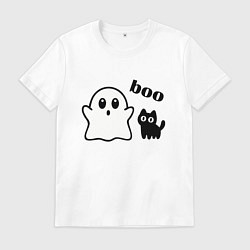 Футболка хлопковая мужская Хэллоуин, привидение и черный кот, цвет: белый