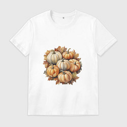 Мужская футболка Тыквы разные на осенних листьях акварель