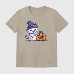 Футболка хлопковая мужская Cat pumpkin, цвет: миндальный