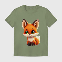 Футболка хлопковая мужская Пушистая радость: Лисёнок в мультяшном стиле, цвет: авокадо