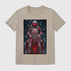 Футболка хлопковая мужская Зимний киберпанк: красный конь и рыцарь, цвет: миндальный