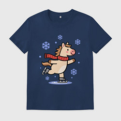 Мужская футболка Лошадь на коньках, снежинки