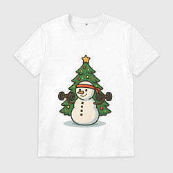 Футболка хлопковая мужская Снеговик с гирями, цвет: белый