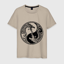 Футболка хлопковая мужская Два дракона Инь Янь, цвет: миндальный