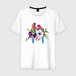Футболка хлопковая мужская Попугаи с цветами, цвет: белый