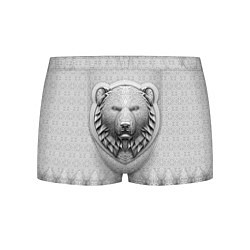 Трусы-боксеры мужские Медведь чёрно-белый барельеф с этническим орнамент, цвет: 3D-принт