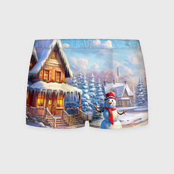 Трусы-боксеры мужские Новогодняя деревня и снеговик, цвет: 3D-принт