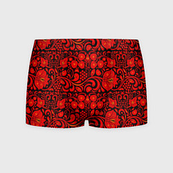 Трусы-боксеры мужские Хохломская роспись красные цветы и ягоды на чёрном, цвет: 3D-принт