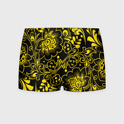 Трусы-боксеры мужские Хохломская роспись золотые цветы на чёроном фоне, цвет: 3D-принт