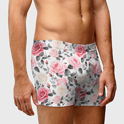 Трусы-боксеры мужские Розовые розы и серые листочки - паттерн, цвет: 3D-принт — фото 2