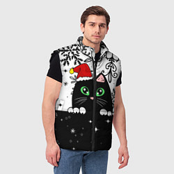 Мужской жилет Новогодний кот в колпаке Санты, цвет: 3D-черный — фото 2