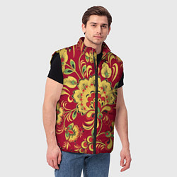 Мужской жилет Хохломская Роспись Цветы На красном Фоне, цвет: 3D-черный — фото 2