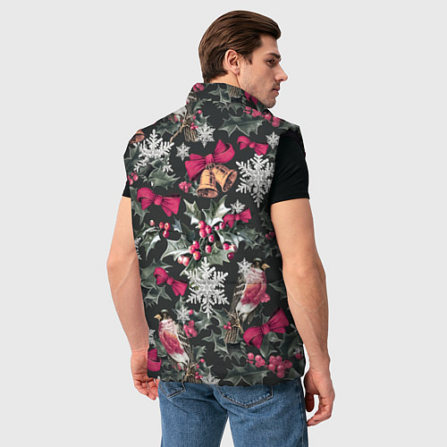 Мужской жилет Новый год колокольчики, птицы, снежинки / 3D-Черный – фото 4