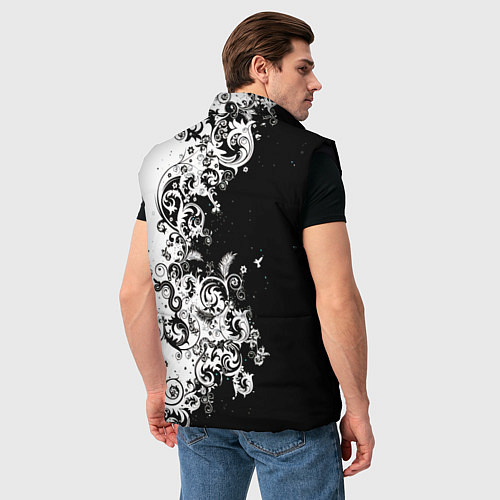 Мужской жилет Черно-белые цветы и колибри / 3D-Черный – фото 4