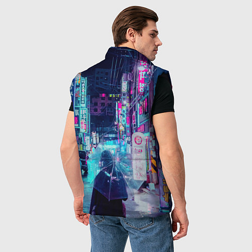 Мужской жилет Дождливый неоновый вечер в Японии / 3D-Черный – фото 4
