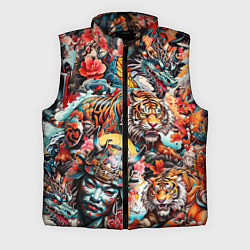 Мужской жилет Японская татуировка дракона тигра и самурая, цвет: 3D-черный