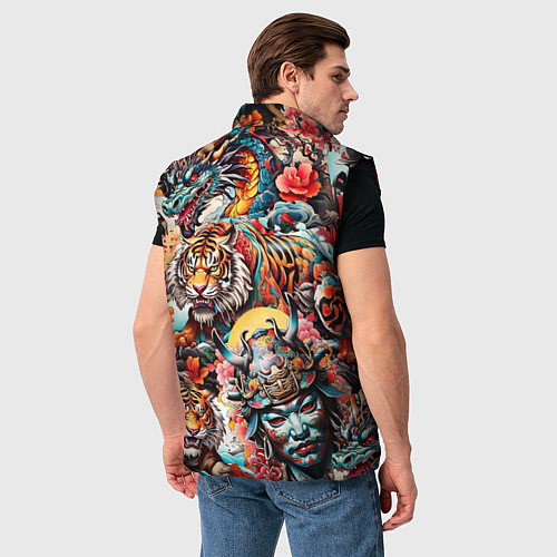 Мужской жилет Японская татуировка дракона тигра и самурая / 3D-Черный – фото 4