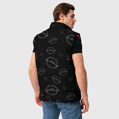 Мужской жилет Паттерн серый контур губ на чёрном - lips black / 3D-Красный – фото 4