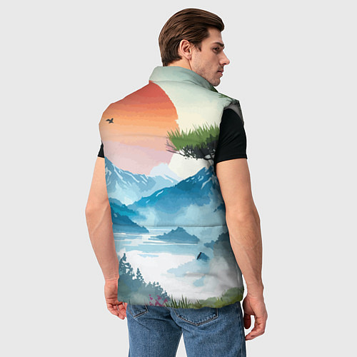 Мужской жилет Восход красного солнца - Японский пейзаж / 3D-Светло-серый – фото 4