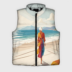Мужской жилет Летний пейзаж с женщиной на пляже, цвет: 3D-черный