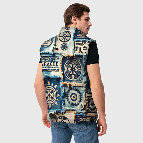 Мужской жилет Символы Апачи на пэчворк дениме / 3D-Черный – фото 4